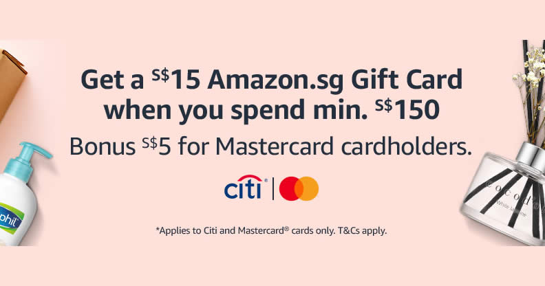 Featured image for Get a S$15 Amazon.sg Gift Card when you spend S$150 or more using Citibank cards till 31 Dec 2020