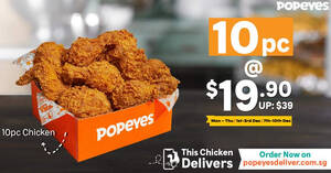 Featured image for (EXPIRED) Popeyes Delivery is offering 10pcs chicken at $19.90 from Mondays to Thursdays till 10 Dec 2020