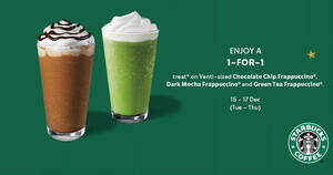Featured image for (EXPIRED) Starbucks: Enjoy a 1-for-1 treat on selected beverages from 15 – 17 Dec when you pay with your Starbucks Card