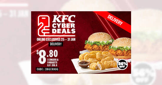Featured image for KFC Delivery: $8.80 for two Zinger burgers + 9 Nuggets deal valid till 31 Jan 2021