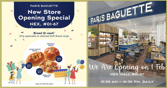 Featured image for Paris Baguette offering $1 soft bread and more at latest NEX outlet from 1 - 28 Feb 2021