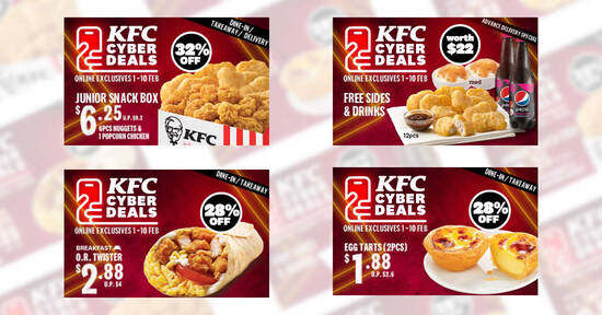 Featured image for KFC: Enjoy exclusive online specials like $1.88 Egg Tarts, 32% off Junior Snack Box and more till 10 Feb 2021