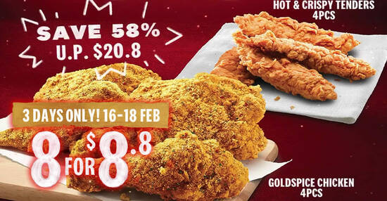 Featured image for KFC: Enjoy 8 pieces of chicken for only $8.80 from 16 - 18 Feb 2021