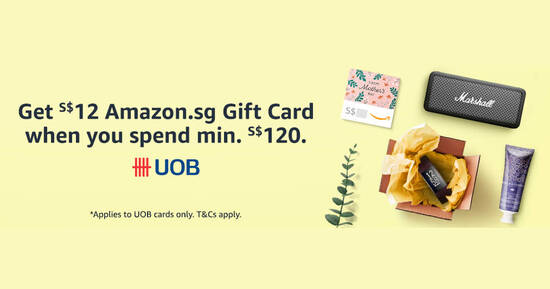 Featured image for Amazon.sg: Get a S$12 Gift Card when you spend S$120 or more using UOB cards till 7 May 2021