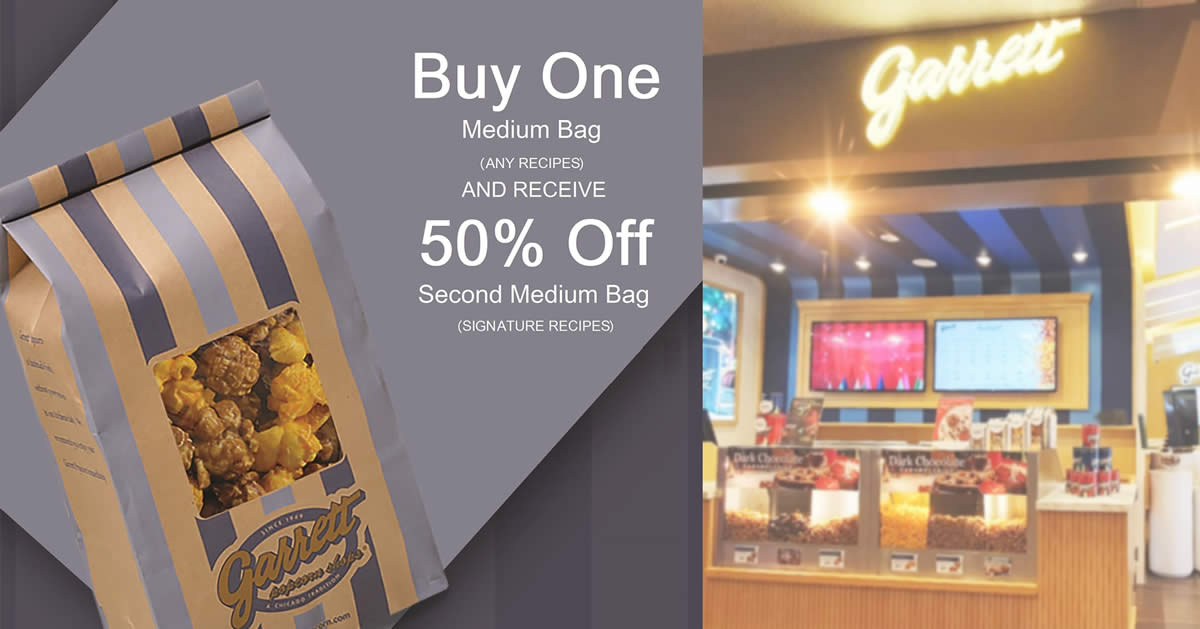 Featured image for Garrett Popcorn: Buy one medium bag of any recipe, get 50% off 2nd bag of signature recipe till 31 Oct 2021