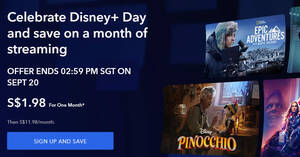 Featured image for Get one month of Disney+ for S$1.98 (usual $11.98) till 20 Sep 2022, 3pm
