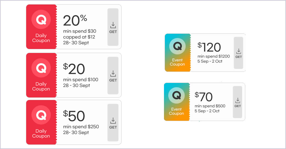 Featured image for Qoo10 S'pore offering free 20%, $20, $50, $70 and $120 cart coupons till 30 Sep 2022
