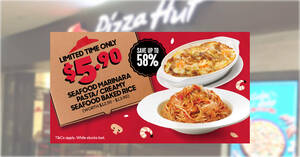 Featured image for Pizza Hut Delivery offering $5.90 Seafood Marinara Pasta or Creamy Seafood Baked Rice till 10 Feb 2023