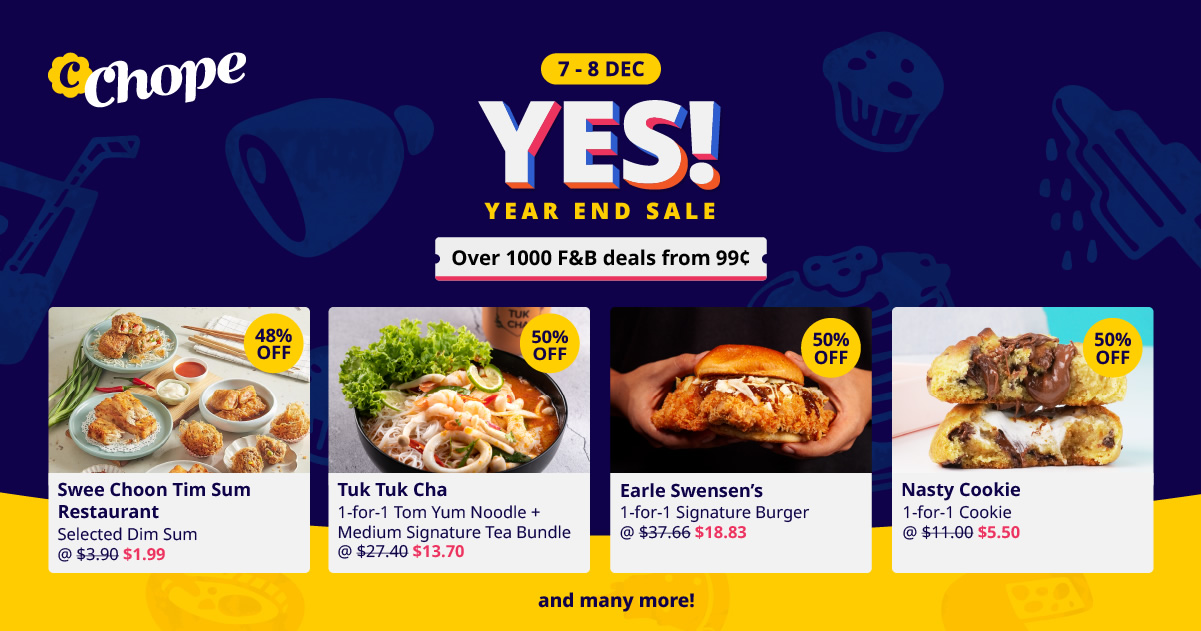 Featured image for The Chope Year End Sale is happening on 7 & 8 December 2022, with over 1000 F&B deals from 99cents