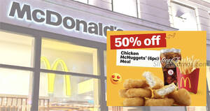 Featured image for 50% off Chicken McNuggets (6pc) Meal deal at McDonald’s S’pore on Monday, 22 May 2023 (11am – 3pm)