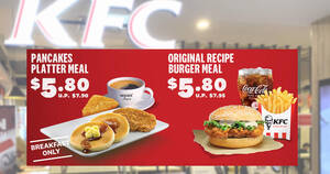 Featured image for (EXPIRED) KFC S’pore has $5.80 Pancakes Platter Meal and $5.80 Original Recipe Burger Meal App deals till 11 Aug 2023