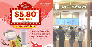 Featured image for (EXPIRED) Mr Bean selling $5.80 set consisting of 1 Classic Soy Milk + 1 Classic Beancurd + Any 2 Pancakes till 11 Aug 2023