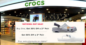 Featured image for (EXPIRED) Crocs National Day sale offers 30% off 2nd pair, 50% off 3rd pair and more offers till 12 Aug 2023