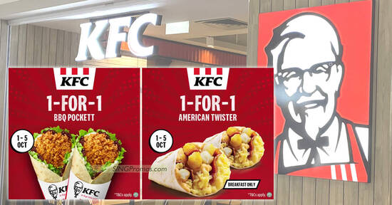 KFC S’pore offering Buy-1-Get-1-Free BBQ Pockett and American Twister from 1 – 5 Oct 2023