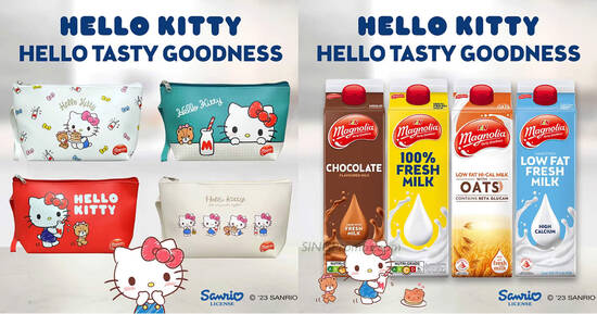 Get a free Hello Kitty pouch worth $12 with every 2 packs of F&N Magnolia milk purchase from 20 Sep 2023