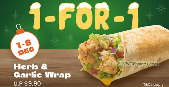 Texas Chicken S’pore has Buy-1-Get-1-Free Herb & Garlic Wrap till 8 Dec, pay only S$4.95 each