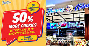 Featured image for (EXPIRED) Famous Amos 50% more cookies when you purchase 400g Cookies in Bag at S’pore stores from 26 – 28 Jan 2024