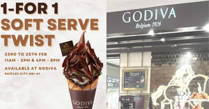 Featured image for Godiva S’pore offering 1-for-1 Chocolate Twist Soft Serve at Raffles City outlet from 23 – 25 Feb 2024
