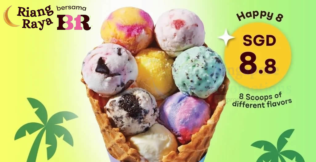 Featured image for Baskin-Robbins S'pore selling a cone with 8 scoops of different flavours at S$8.80 till 9 Apr 2024 (7pm - 930pm)