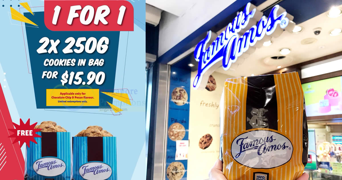 Featured image for Famous Amos S'pore offering 1-FOR-1 250g cookies in bag till 31 Mar 2024