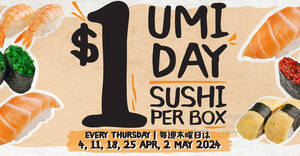 Featured image for Umisushi’s $1 Sushi Deal Returns to Delight Singapore Diners on Thursdays till 2 May 2024