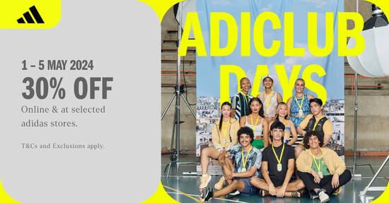 Adidas S’pore adiClub Days Sale offers 30% off selected items online till 5 May 2024