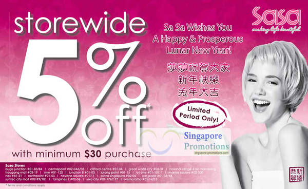 Featured image for (EXPIRED) Sasa 5% Off Storewide 28 Jan 2011