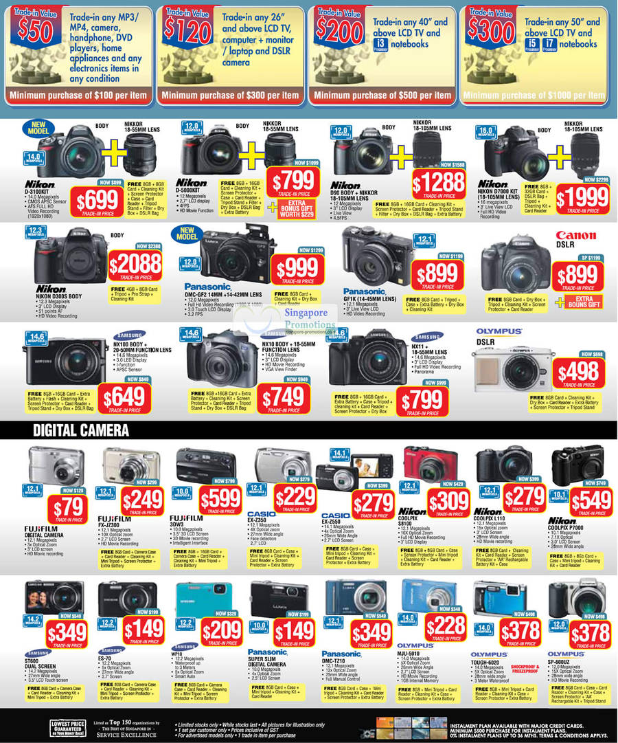 Digital Cameras, DSLR, Nikon D3100, D5000, D90, D7000, D300S, Panasonic DMC-GF2, GF1K, Samsung NX100, NX10, NX11, Fujifilm FX-JZ300, 3DW3, Casio EX-Z350 Z550, Coolpix S8100 L110, P7000, ST600, ES-70, WP1