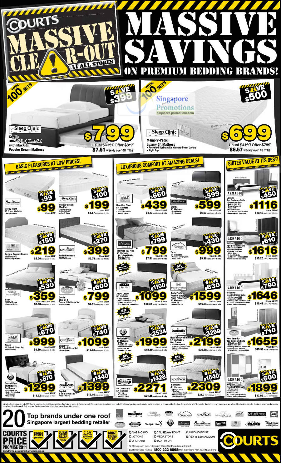 Mattresses Sergio, Memory-Pedic, King Koil, PosturePremier, iSleepee, Armadio, Dunlopillo, Simmons