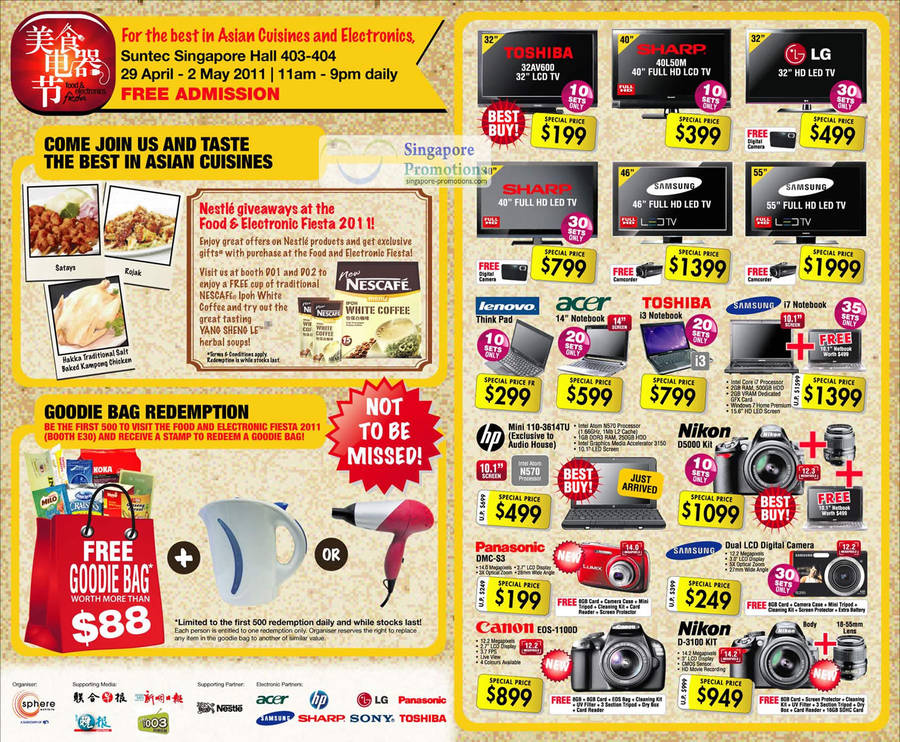 2 May Free Goodie Bag, Toshiba 32AV600, Sharp 40L50M, LG, Notebooks, Samsung, Lenovo, Toshiba, Acer, Pansonic DMC-S3 Digital Camera, Canon EOS-1100D, Nikon D3100, D5000