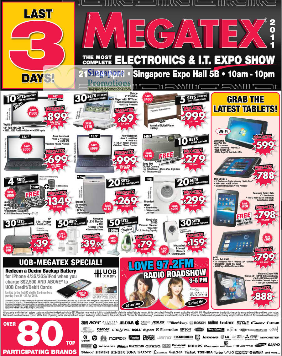 22 Apr Limited Deals, Toshiba TV, ASUS Notebook, Sony DSC-T99, Viewpad 10s, Dell Streak 5, Acer Iconia Tab A500, Samsung Galaxy Tab, DJ Lee Lian, Yong Mei