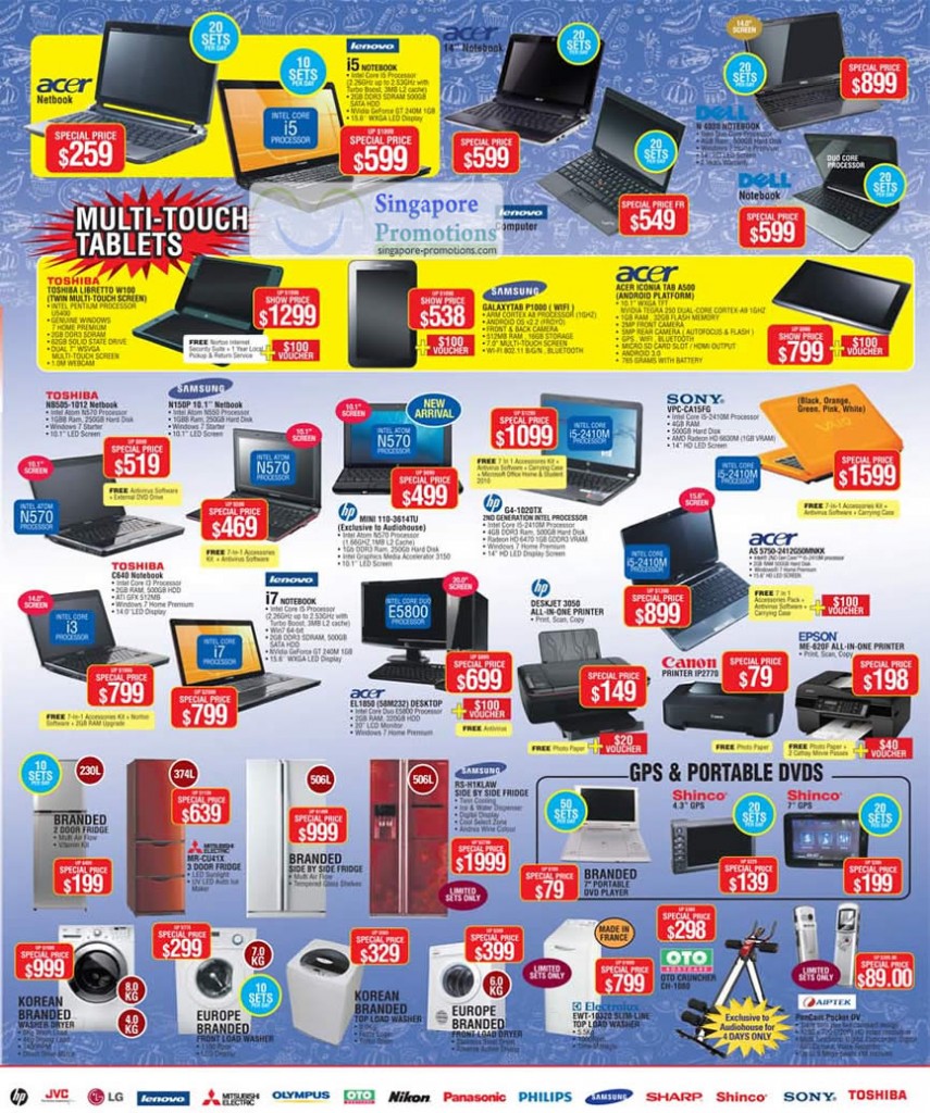 30 Apr Notebooks, Acer, Lenovo, Dell, Toshiba, HP Mini, Deskjet 3050 Printer, Washing Machine, Fridge