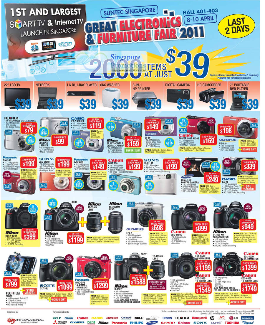 9 Apr 39 Dollar Deals, Digital Cameras, Canon Powershow A1200, Olymous VG-110, Panasonic DMC-S3, Sony DSC-W510, Canon Ixus 200, Casio EX-H5, SLT-33L, DMC-GF2