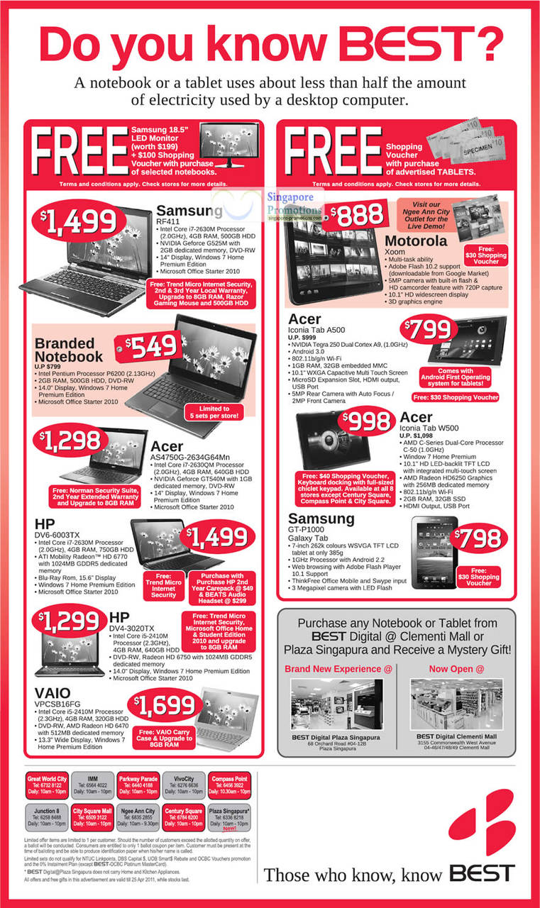 Notebooks Samsung RF411, Acer AS4750G, HP DV6-6003TX, DV4-3020TX, Vaio VPCSB16 FG, Tablets Motorola Xoom, Acer Iconia Tab A500, W500, Galaxy Tab