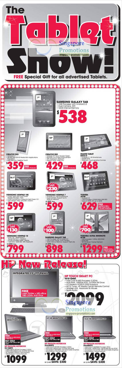 Tablets, Samsung Galaxy Tab, Creative Ziio, Huwei Ideos S7, Viewpad 10S 7, Toshiba AS100, Ultra MiniNote W100, HP T610, DV4 DV6 G4