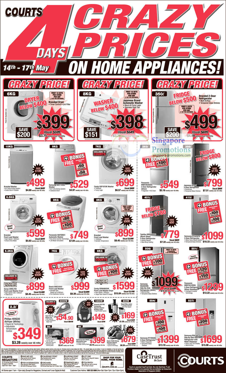 14 May Washer Samsung WA11V9IIC, Candy GOF107UK, Panasonic NAFS90X1, Sanyo AWDL703, Bosch WAE18161, GOW4850UK, Philips HD9220 Airfryer, Fridge, NRBT263SSSG, Toshiba GRRG46SD3, RT54EBPN, RT72KASE