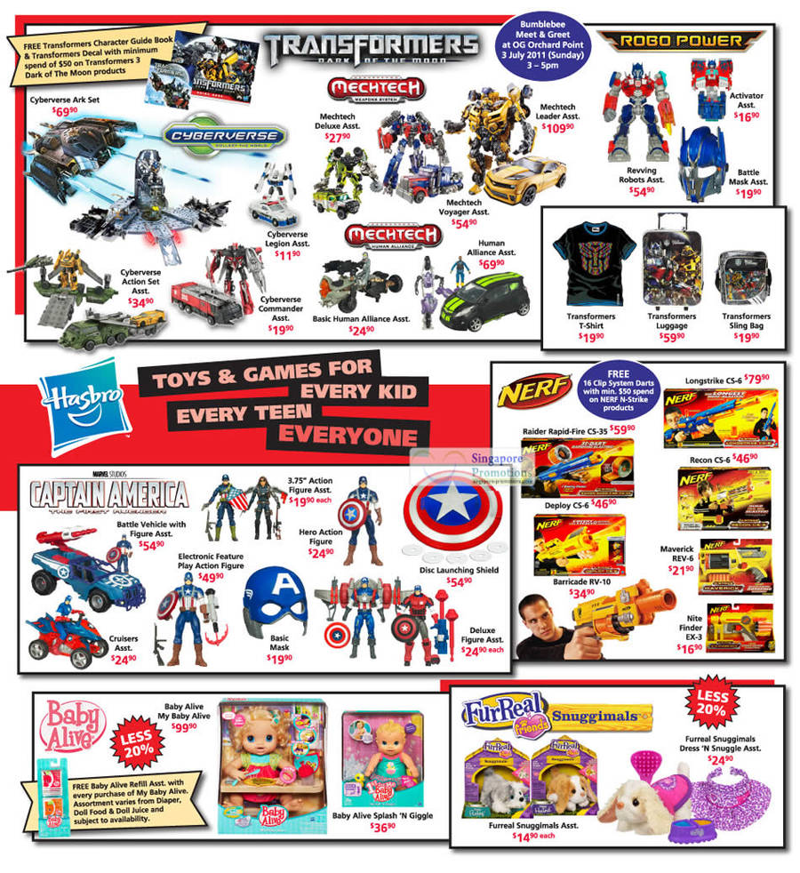 2 Jul Transformers Dark Of The Moon Figures Hasbro Cyberverse Robo Power Mechtech Nerf Captain America Baby Alive FurReal Snuggimals