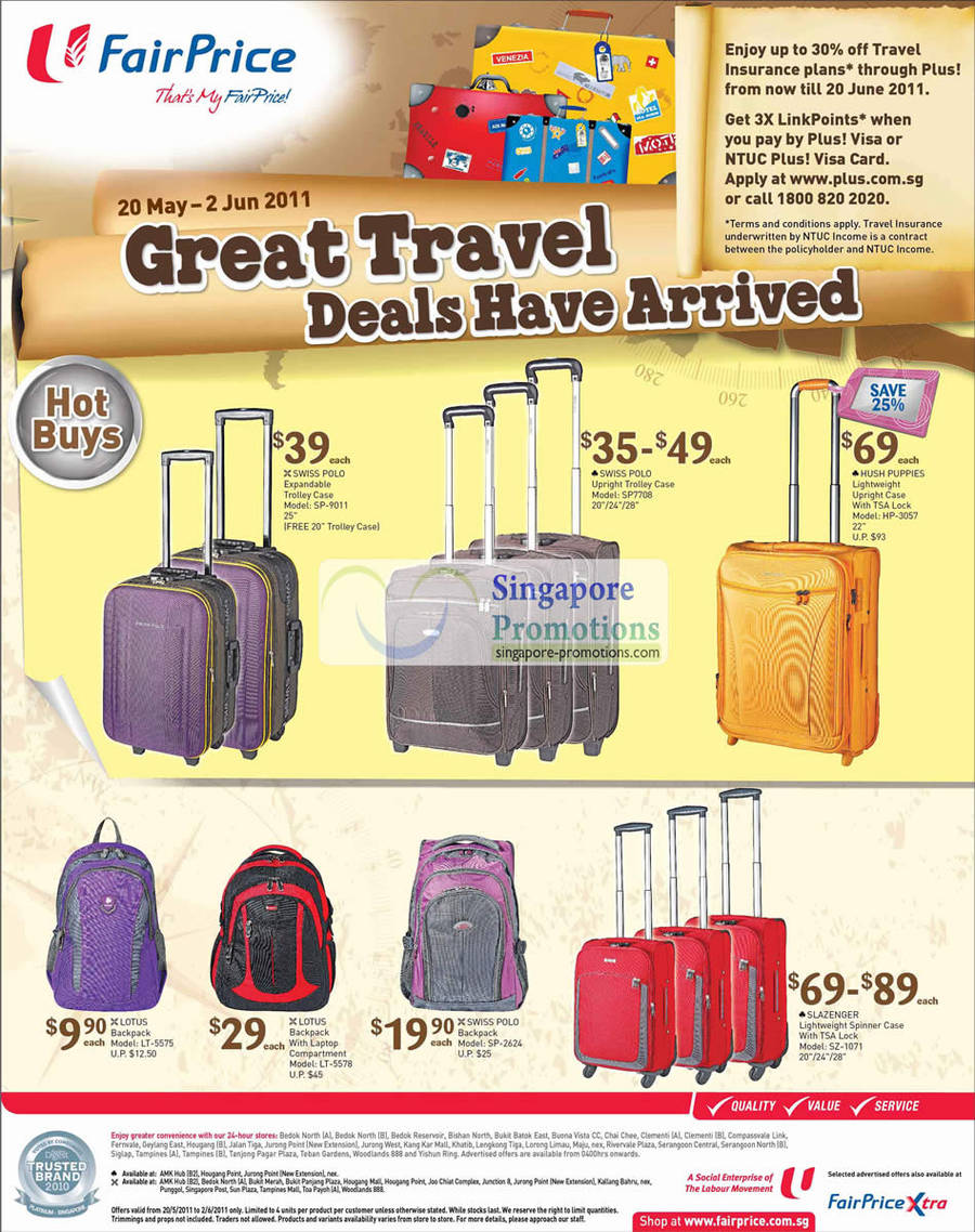 20 May Travel Deals Luggage Swiss Polo, Hush Puppies, Lotus, Slazenger