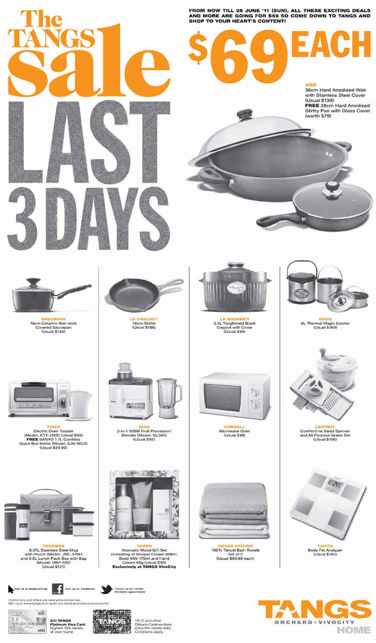 24 Jun ASD Wok, Greenpan, LE Creuset, La Gourmet, Endo, Tiger, Iona, Cornell, Leifheit, Thermos, Thann, Grand Atelier, Tanita