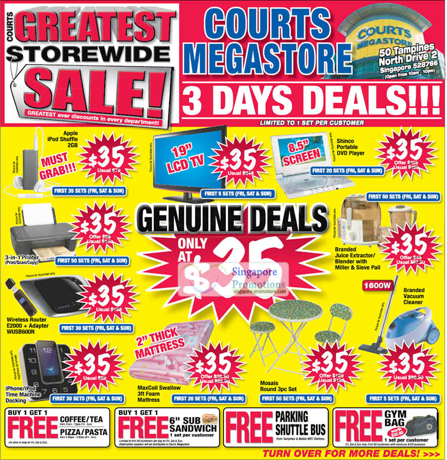 27 May Limited 35 Dollar Deals, Printer, iPod Time Machine, MaxCoil Mattress, Vacuum Cleaner, LCD TV, DVD Player, Wireless Router, iPod Shuffle 2GB