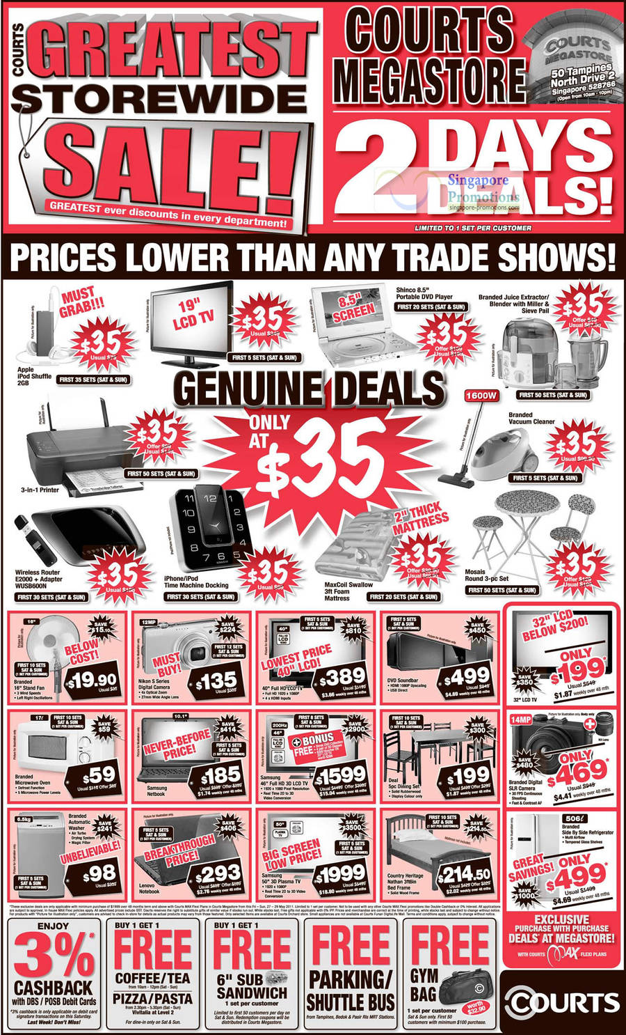 28 May Limited Deals, iPod SHuffle, Shinco DVD Players, MaxCoil Swallo, Printer, Wireless Router, Nikon Camera, Samsung 3D Plasma TV, Fridge, Notebooks