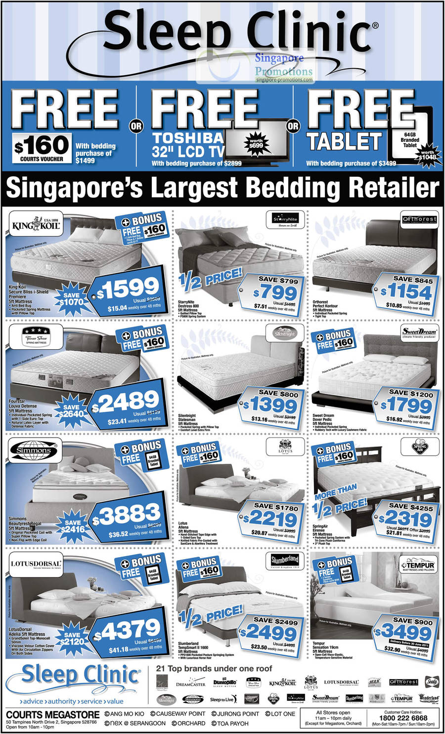 4 Jun Mattresses King Koil Secure Bliss i-Shield Premier, StarryNite Destress 800, Orthorest Perfect Kontour, Four Star Louva, Silentnight Statesman, Sweet Dream Dover Pedic, Simmons Beautyrest Regal