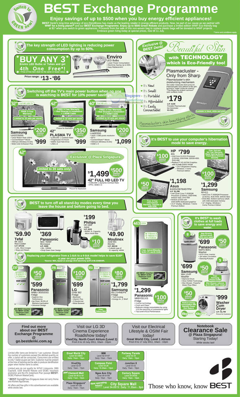 8 Jul Enviro LED Bulbs, Plasmacluster Ion Generator, TV Samsung UA32D5000, LA40D550, Notebooks HP 431, ASUS K43S, RF411, Fridge Panasonic NRBU 303SSSG, LG GRB 362, RS21HNEPN, NRBY551XS, Washer NAFS80X1