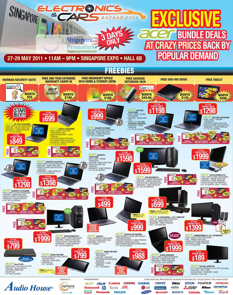 Acer Desktop PCs, Notebooks AS 4750, AS4253, AS3830T, AS4750G, AS4830TG, G3610, AZ5761, AS3830TG, AS5830TG, EL1852, AX3990, S221HQL, Iconia, AS2552G, A0D257E, W500, G5910, A500, Revo RL100