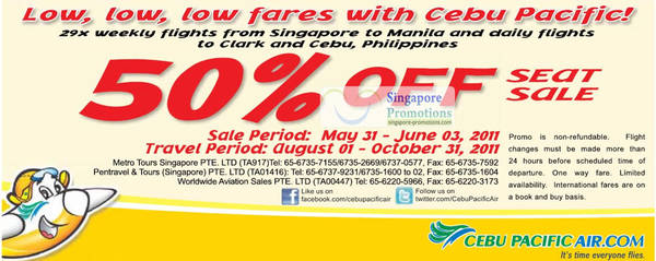 Featured image for (EXPIRED) Cebu Pacific Air 50% Off Seat Sale 31 May – 3 Jun 2011