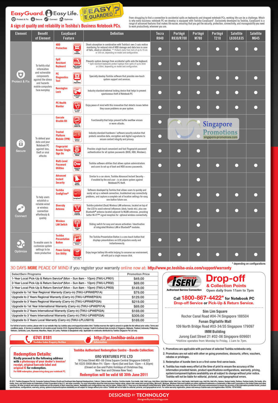 Comparison Chart Tecra R840, Portege R830, R700, M780, T210, Satellite L630, L635, M645, Warranty Options