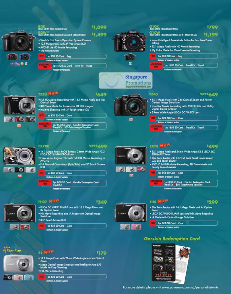 Digital Cameras, DSLR, DMC G2K, G2W, G10K, G10W, TZ20, FZ40, FX700, FX78, FH27, FH5, S1, Garskin