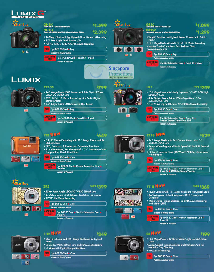 Digital Cameras Lumix G Micro System, DMC GH2K, GH2H, GF2C, GF2W, FZ100, LX5, FT3, TZ18, ZR3, FT10, FH2, S3