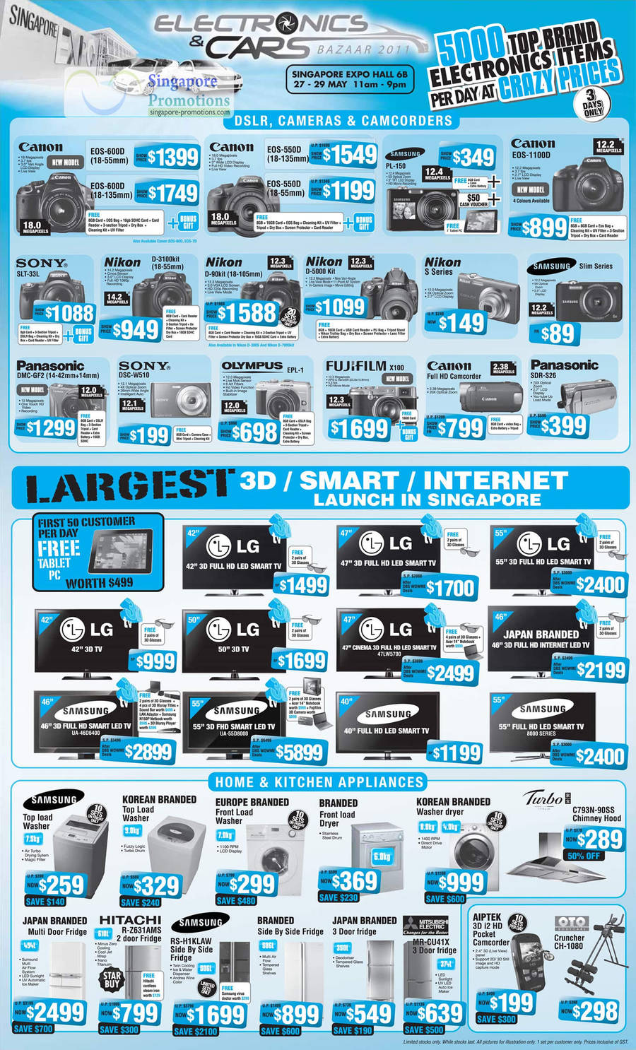 Digital Cameras, TV, Washer, Fridge, Canon EOS 600D, 550D, Samsung PL-150, 1100D, Sony SLT-33L, Nikon D3100, D90, D5000, Panasonci DMC-GF2, DSC-W510, Olympus EPL-1, Fujifilm X100, SDR-S26, LG 47LW5700