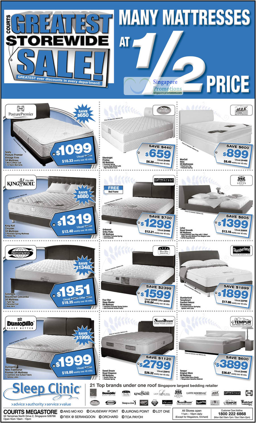 Mattresses Sealy Posture Premier Vintage Firm, Silentnight Pristine, Maxcoil Ibiza, Lotus Royal Smooth, King Koil Chrysler, Orthorest Ortho Pedic, Simmons Beautyrest Concordia, Four Star Sleep Master